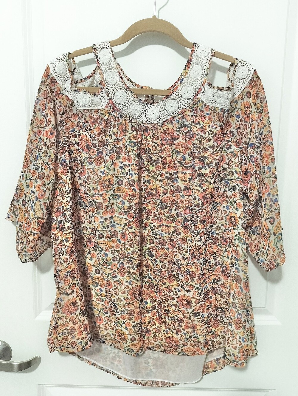 Daniel Rainn Women's XXL Floral Cold-Shoulder Crochet Lace Chiffon Blouse Boho
